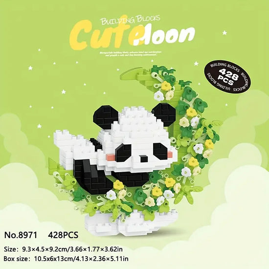 Schattige panda op een maantje โ Mini bricks DIY knutselset met bloemen