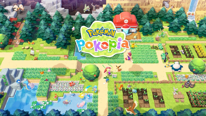 Pokémon Pokopia game artwork met Ditto als menselijk personage omringd door kleurrijke Pokémon in een groene wereld