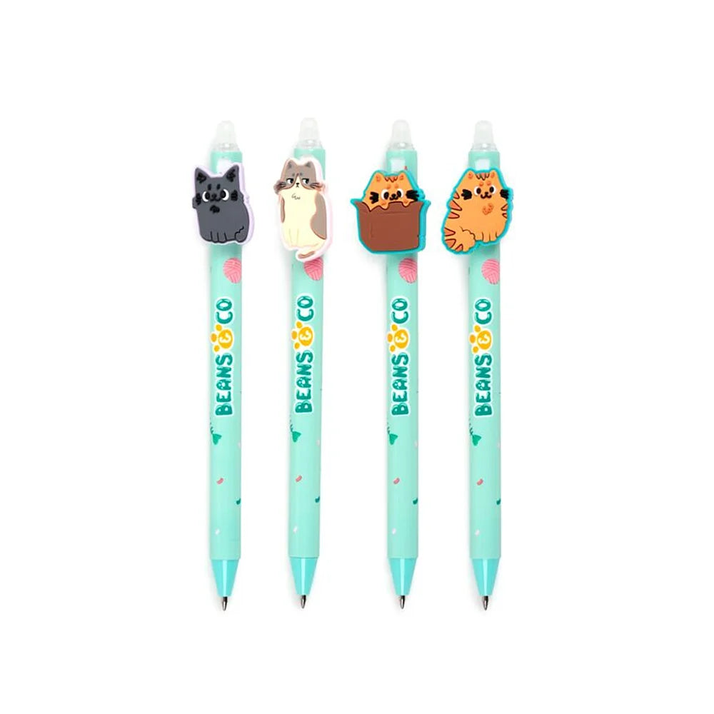 Set van vier Beans & Co uitwisbare pennen met vrolijke bonen-topper in diverse kleuren, perfect voor kleurrijk en zorgeloos schrijven
