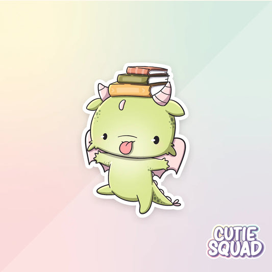 bookdragons sticker van cutiesquad met boeken op het hoofd
