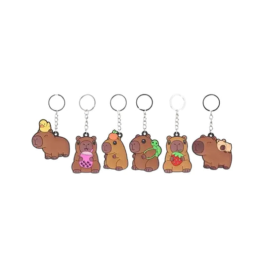 Capibara sleutelhangers overzicht – alle zes varianten samen als vrolijke collectie