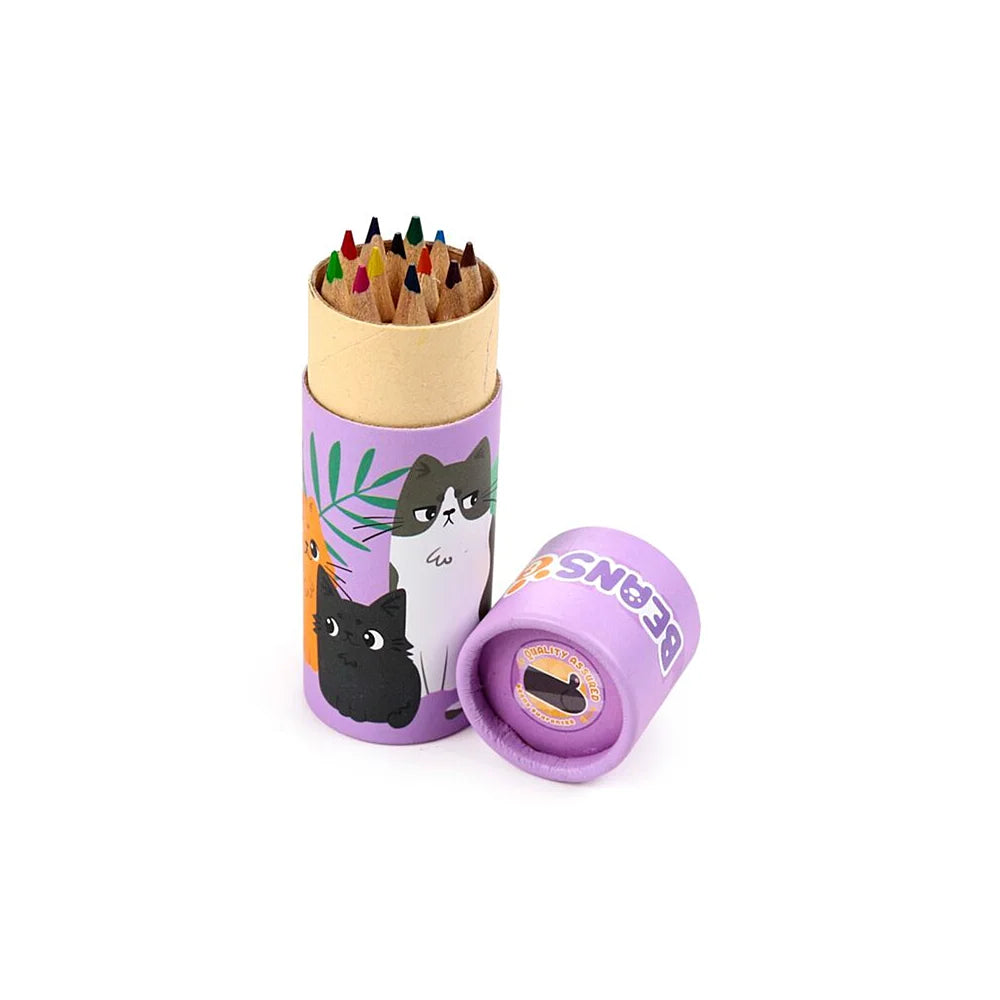 Kleurpotloden in stevige mintkleurige koker van Beans & Co., met vrolijk katjesdesign, perfect voor onderweg en op school