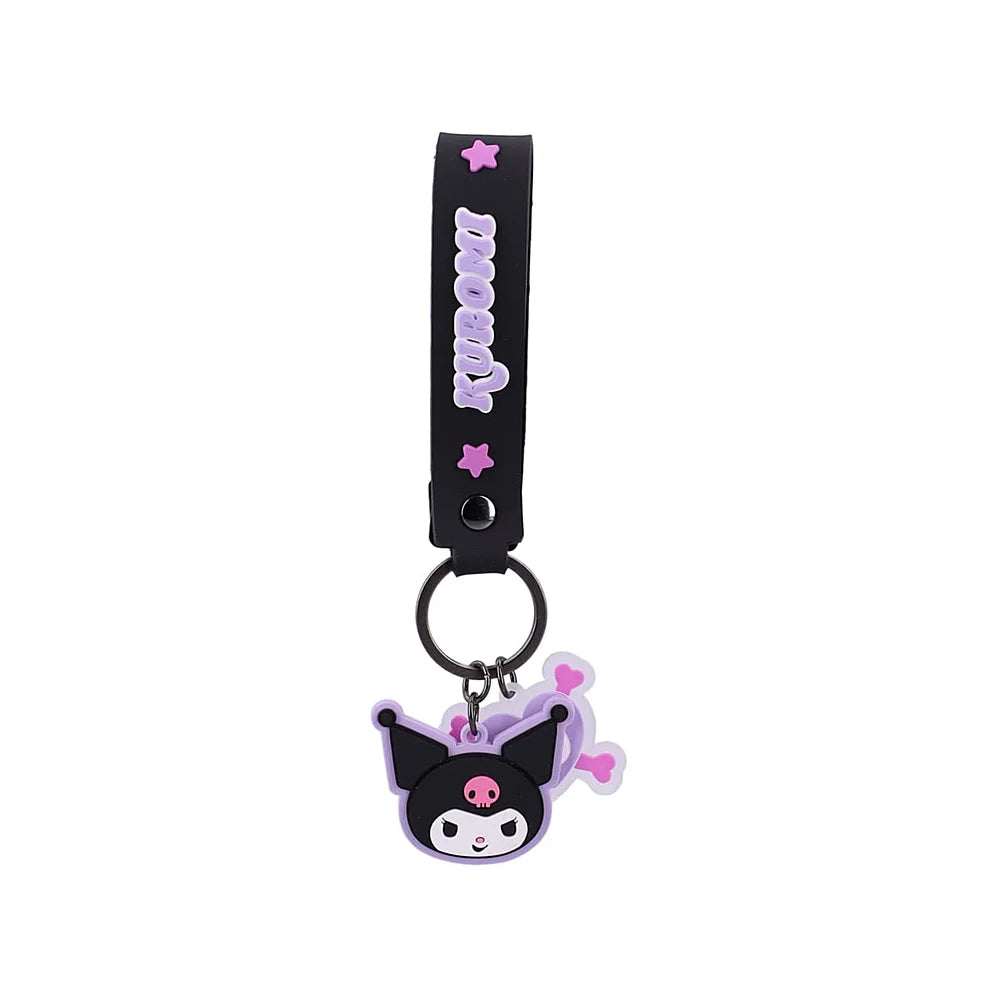 Kuromi sleutelhanger detail – kawaii Sanrio met beulshood en roze schedeltje