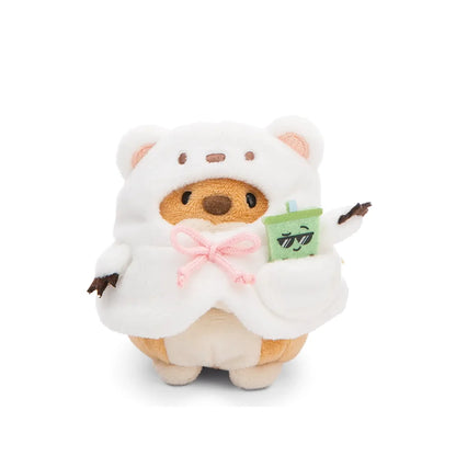 hiro de shiba inu in ijsbeerkostuum met roze strik