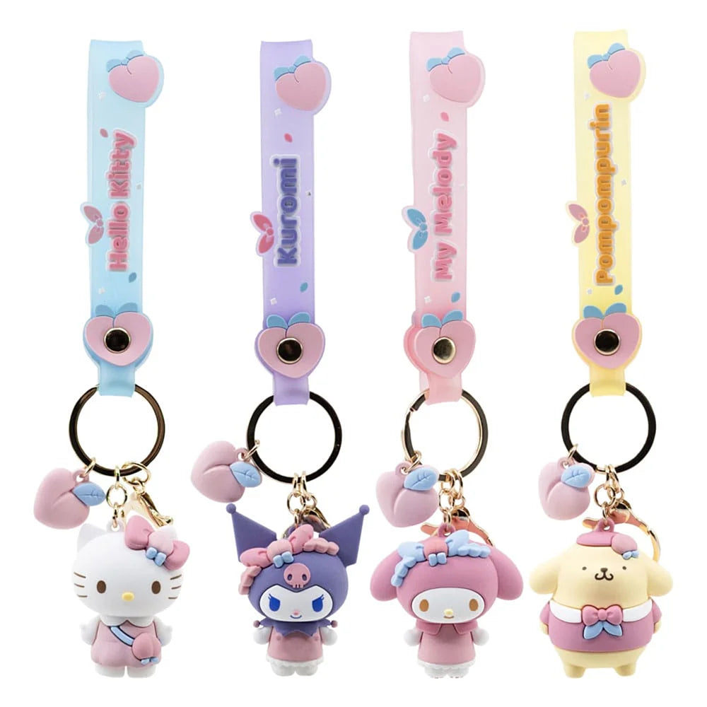 alle vier sanrio peach sleutelhangers op een rij