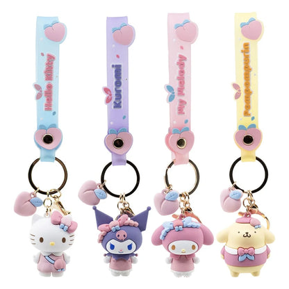 alle vier sanrio peach sleutelhangers op een rij