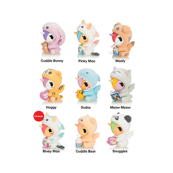 tokidoki cozy unicorno figuurtje in onesie hangend of neergezet, kawaii collectible toy voor fans
